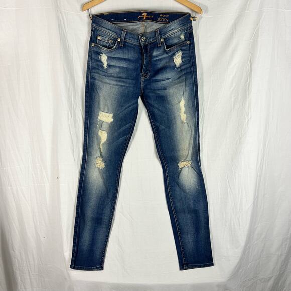 7 For All Mankind Blue Distressed Straight Leg Jeans - Picture 1 of 10